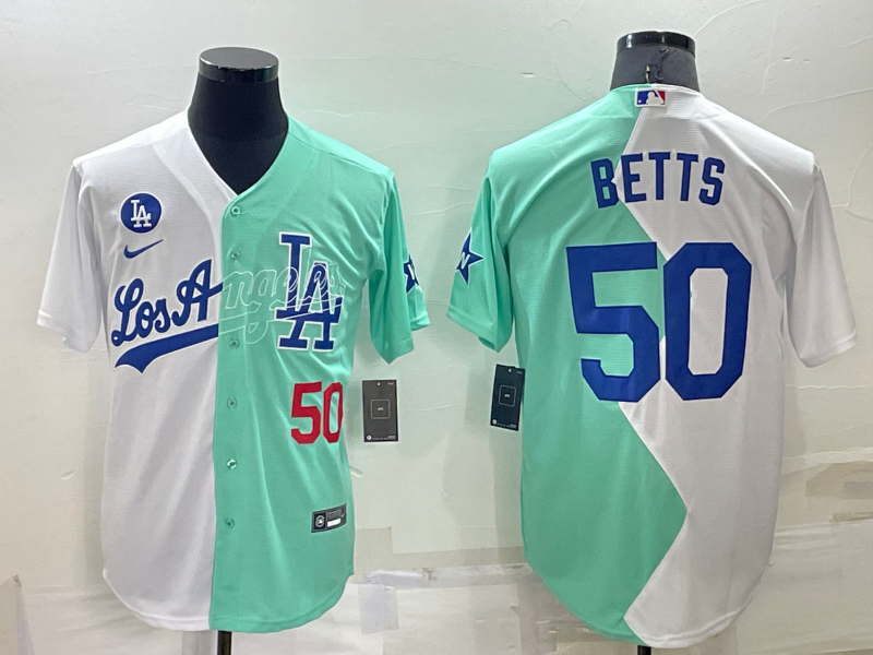 Men's Los Angeles Dodgers #50 Mookie Betts 2022 All-Star White/Green Cool Base Stitched Baseball Jersey